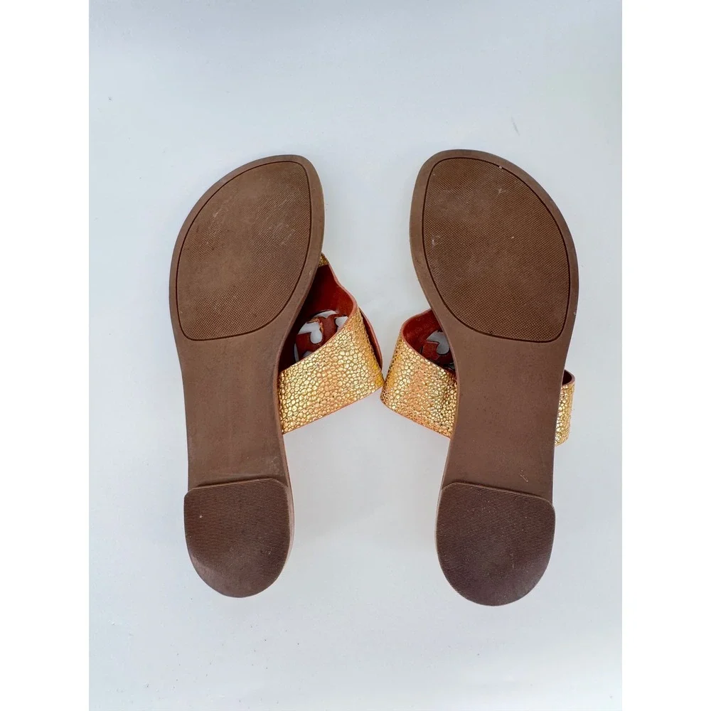 Tory Burch Miller Metallic Gold Leather Logo Thong Sandals Women's 5.5